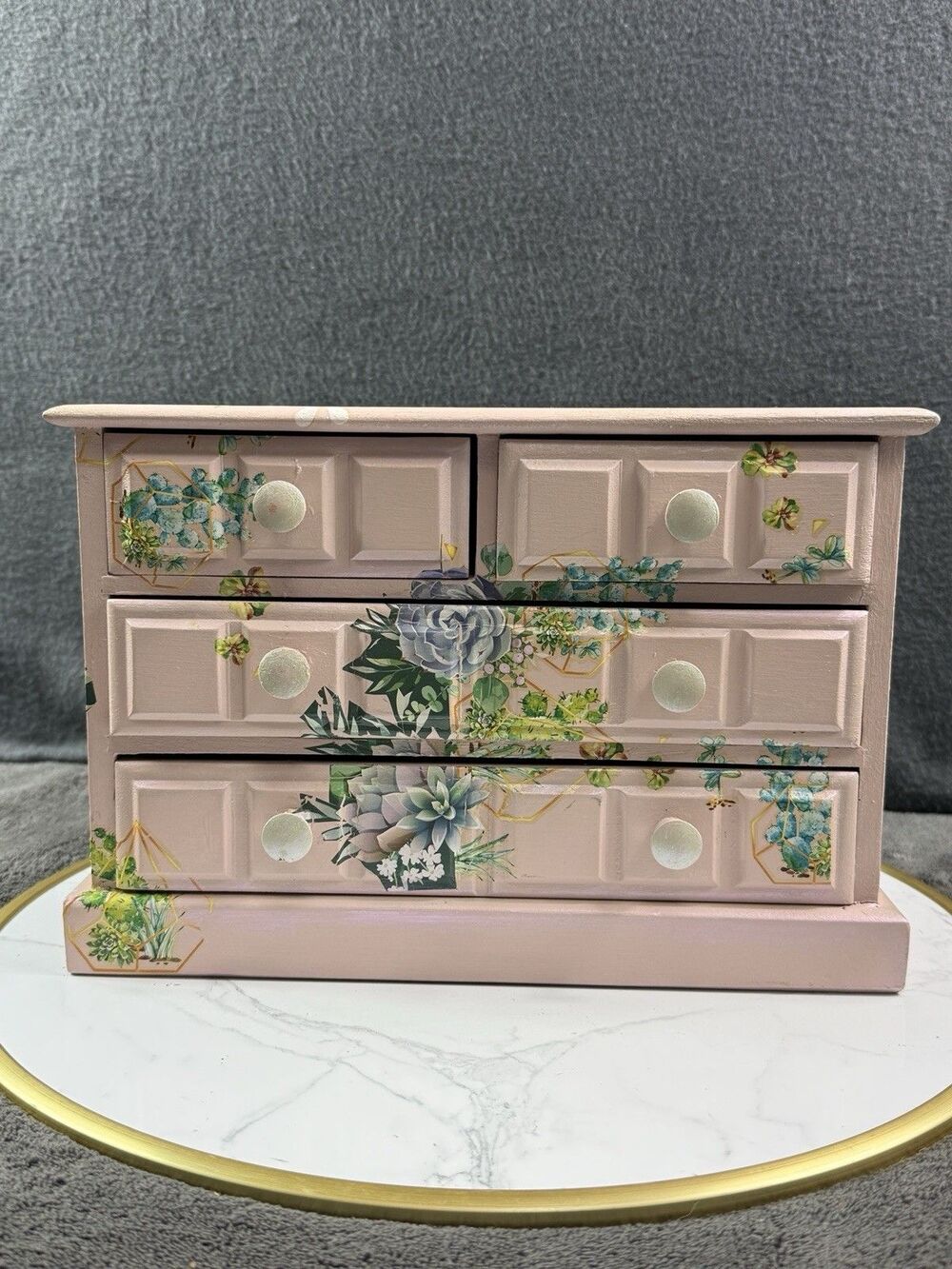 Vintage Wood Jewelry Box Hand Painted Decoupage Floral 4 Drawer Chest Organizer